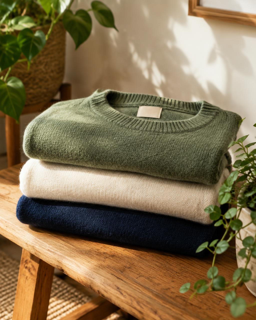 Folded Ah Ha! knitwear in sage, cream and navy